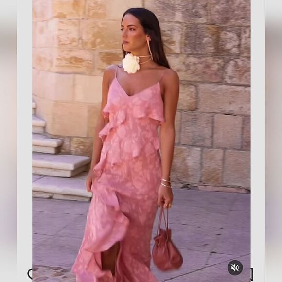 Nwt ZARA RUFFLED JACQUARD DRESS MARSALA Pink Dusty - Picture 3 of 17